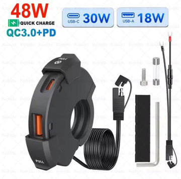 48W Motorcycle USB Fast Charger QC3.0 + PD | Handlebar Mount Phone Charger with USB-C & USB-A