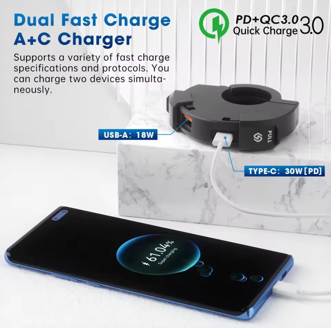 48W Motorcycle USB Fast Charger QC3.0 + PD | Handlebar Mount Phone Charger with USB-C & USB-A