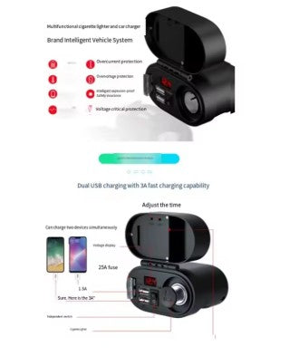Cigarette Lighter Charger with Dual USB Port & Voltmeter-Clock – Motorcycle Power Adapter