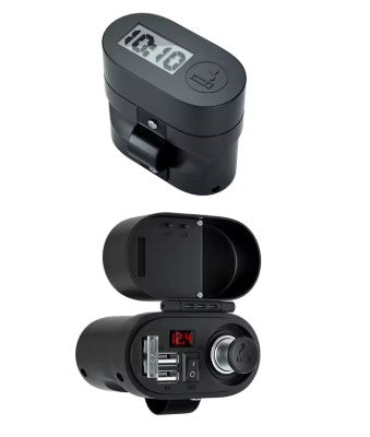 Cigarette Lighter Charger with Dual USB Port & Voltmeter-Clock – Motorcycle Power Adapter